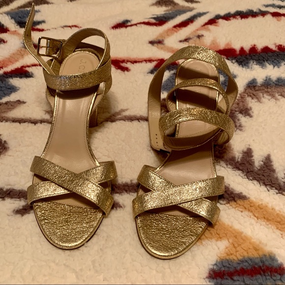 J Crew Block heeled ankle wrap sandal in crackled gold leather. - Picture 2 of 4